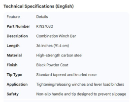 KINEDYNE WINCH BAR BLACK 36"