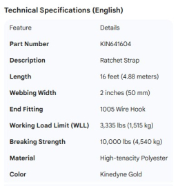 KINEDYNE RATCHET STRAP 16'  W/1005 WIRE HOOK