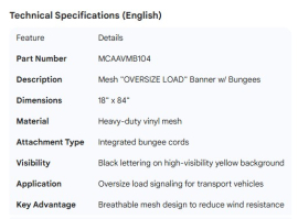 MESH BANNER OVERSIZE LOAD W/BUNGEES 18" X 84"