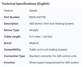 MIDLAND ABS SENSOR STRAIGHT 0.5M / 1.64'