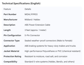 MIDLAND ABS EXTENSION POWER CABLE 3' / 1M