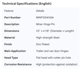 MINER HINGE PIN 1/2X4 ZINC