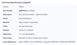 MINER DOOR ROD CAM KEEPER R/H