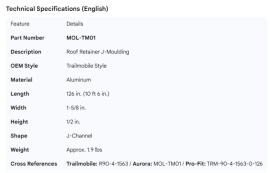 TRAILMOBILE ROOF TRIM ALUM 126"