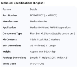 MERITOR PIVOT BOLT KIT RHP-11