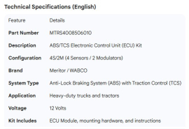 MERITOR ABS TCS 4S/2M ECU KIT