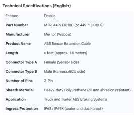 MERITOR ABS SENSOR EXTENSION CABLE (6 FT.)