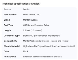 MERITOR ABS SENSOR EXTENSION CABLE (9.8')