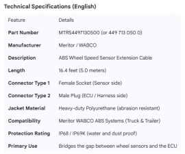 MERITOR ABS SENSOR EXTENSION 16'