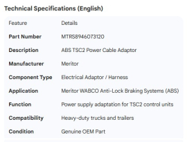 MERITOR ABS TSC2 POWER CABLE ADAPTOR