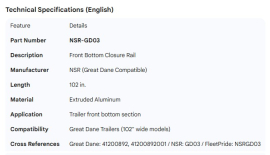 GREAT-DANE FRONT BOTTOM CLOSURE RAIL 102" 41200892001