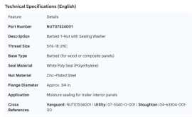 T-NUT 5/16-18 BARBED WHITE POLY SEAL