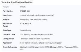 LANDING GEAR CROSS SHAFT 3 PCES 53" - 72"