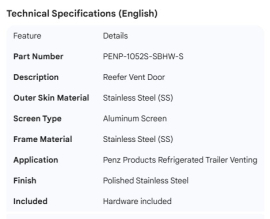 PENZ VENT DOOR SS REEFER ALUM SCREEN SS OUTER SKIN