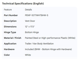 PENZ VENT DOOR WHT 12" X 17.5" BOTTOM HINGE