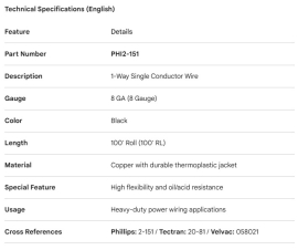 PHILLIPS 1 WAY WIRE 8GA BLACK 100' RL