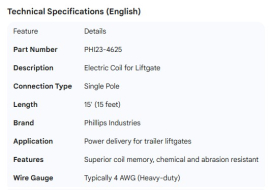 PHILLIPS ELECTRIC COIL SINGLE POLE 15' FOR LIFTGATE