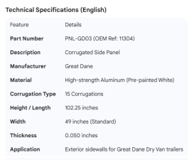 GREAT-DANE SIDE PANEL 15 CORRUGATED 102.25" 11304