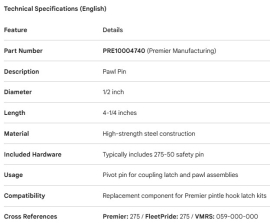 PREMIER PIN PAWL 1/2" X 4 1/4"