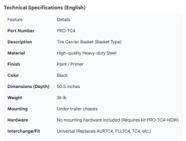 TIRE CARRIER BASKET TYPE NO MOUNTING HARDWARE
