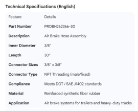PROPAR AIR BRAKE HOSE 3/8" X 30" - 3/8 X 3/8 CONNECTORS