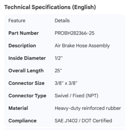 PROPAR AIR BRAKE HOSE 1/2" X 25" - 3/8 X 3/8 CONNECTORS