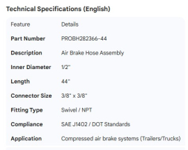 PROPAR AIR BRAKE HOSE 1/2" X 44" - 3/8 X 3/8 CONNECTORS