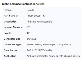 PROPAR AIR BRAKE HOSE 1/2" X 47" - 3/8 X 3/8 CONNECTORS
