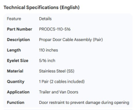 PROPAR DOOR CABLE SS 110", 5/16" EYE (1 PAIR = 2 CABLES)