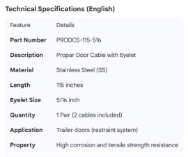 PROPAR DOOR CABLE SS 115", 5/16" EYE (1 PAIR = 2 CABLES)