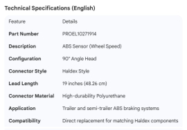 PROPAR ABS SENSOR 90DEG 19" HALDEX STYLE