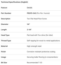 TORX FLOOR SCREW 1/4 X 2-1/4