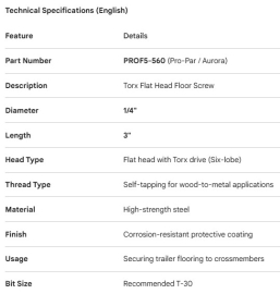 TORX FLOOR SCREW 1/4 X 3