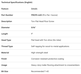 TORX FLOOR SCREW 5/16 X 1