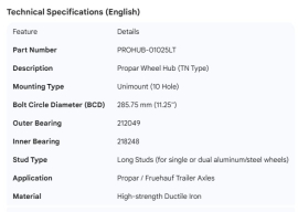 PROPAR WHEEL HUB TN 10 HOLE UNIMNT 212049/218248 LONG STUD