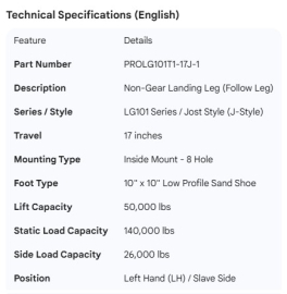 PROPAR NON-GEAR LEG 17" JOST STYLE INSIDE MNT LO PRO