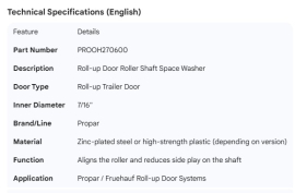 PROPAR ROLL-UP DOOR ROLLER SHAFT SPACE WASHER 7/16"