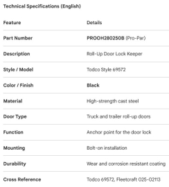 PROPAR ROLL-UP DOOR LOCK KEEPER TODCO STYLE 69572