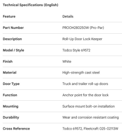 PROPAR ROLL-UP DOOR LOCK KEEPER TODCO STYLE WHITE 69572