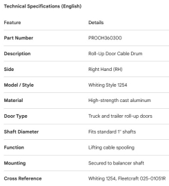 PROPAR ROLL-UP DOOR CABLE DRUM RH WHITING STYLE