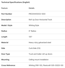 PROPAR HORIZONTAL TRACK CS 8" RADIUS 130" WHITING STYLE