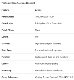 PROPAR ROLL-UP DOOR SIDE SEAL BRUSH SEAL BLACK 110"