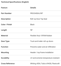 PROPAR ROLL-UP DOOR TOP SEAL BLACK 98"