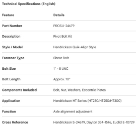 PROPAR QUICK ALIGN PIVOT BOLT KIT HENDRICKSON STYLE