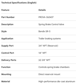 PROPAR SPRING BRAKE VALVE BENDIX SR-5