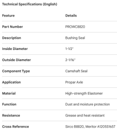 PROPAR CAMSHAFT BUSHING SEAL 1-1/2 ID / 2-1/16 OD
