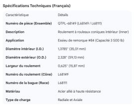 AXLE SPINDLE BEARING 1.3785" I.D. #84 INNER, L-68111 RACE
