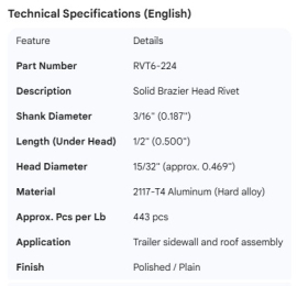 SOLID RIVET 3/16" X 1/2" BRAZIER HEAD (443)