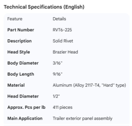 SOLID RIVET 3/16" X 9/16" BRAZIER HEAD (411)