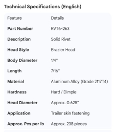 SOLID RIVET 1/4" X 7/16" BRAZIER HEAD (238)